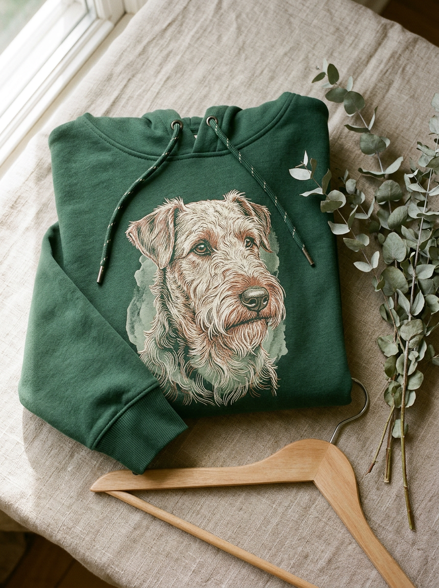 Gefalteter gruener Hoodie mit Line-Art-Portrait auf der Brust
