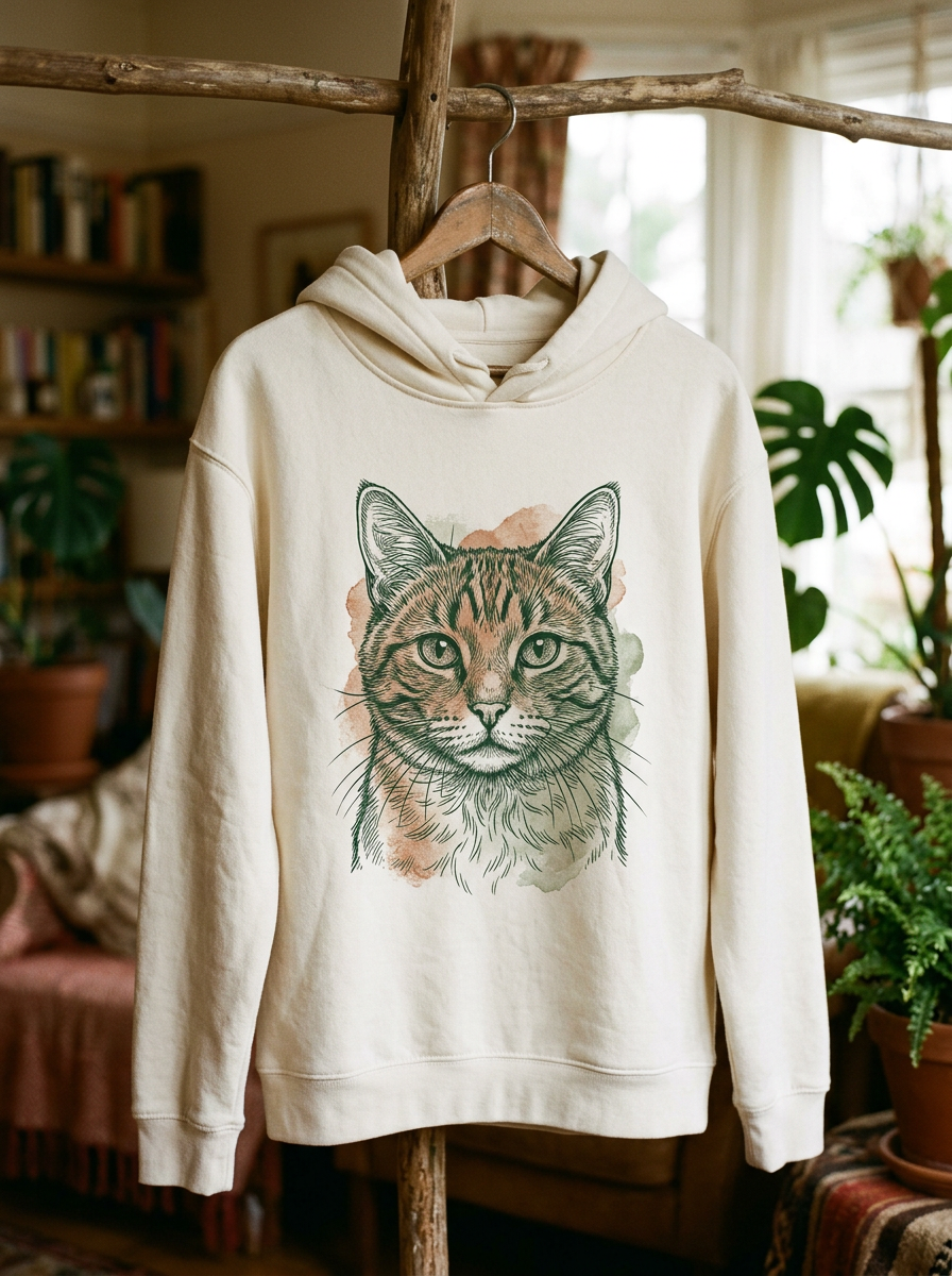 Cremefarbener Hoodie am Kleiderstaender mit Katzenportrait auf der Brust