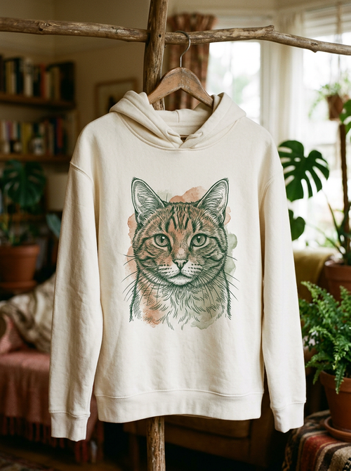 Cremefarbener Hoodie am Kleiderstaender mit Katzenportrait auf der Brust