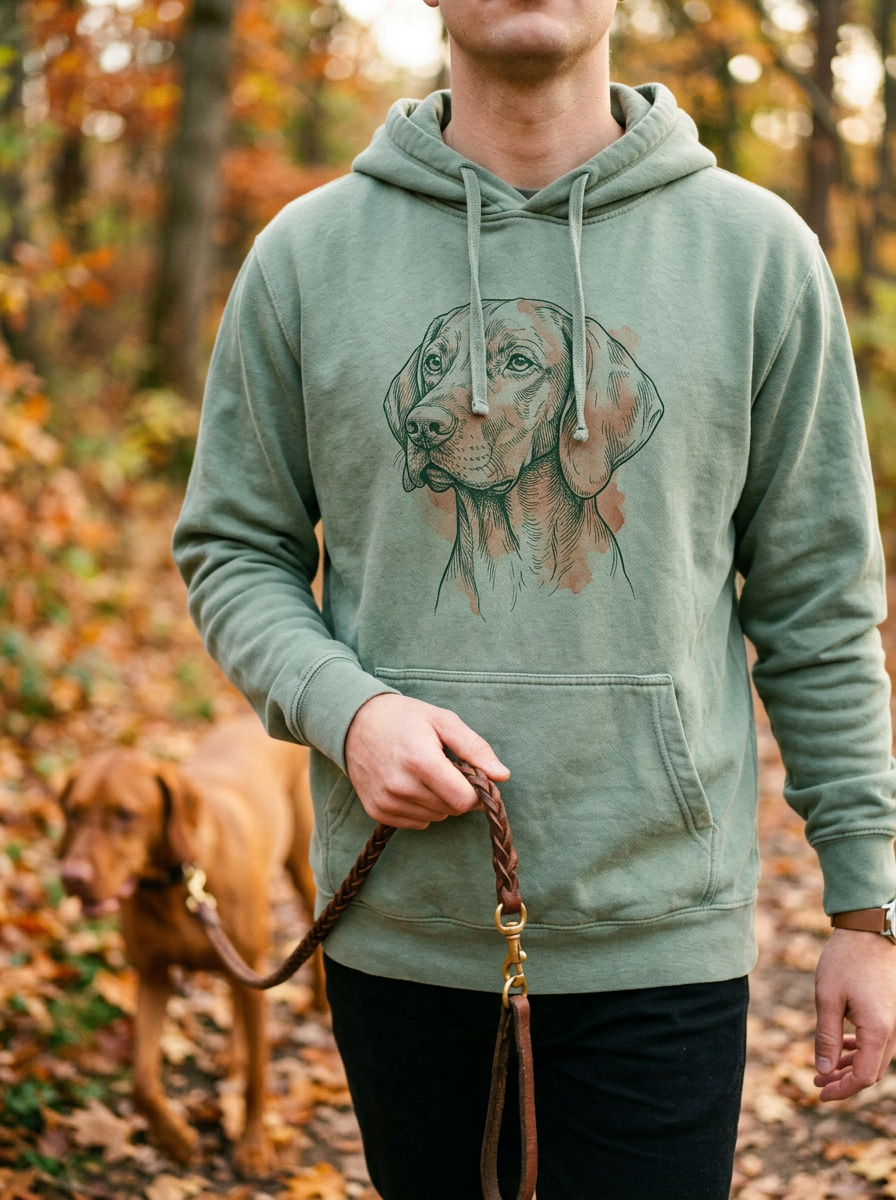 Person im Hoodie mit Portrait-Print beim Spaziergang mit Hund