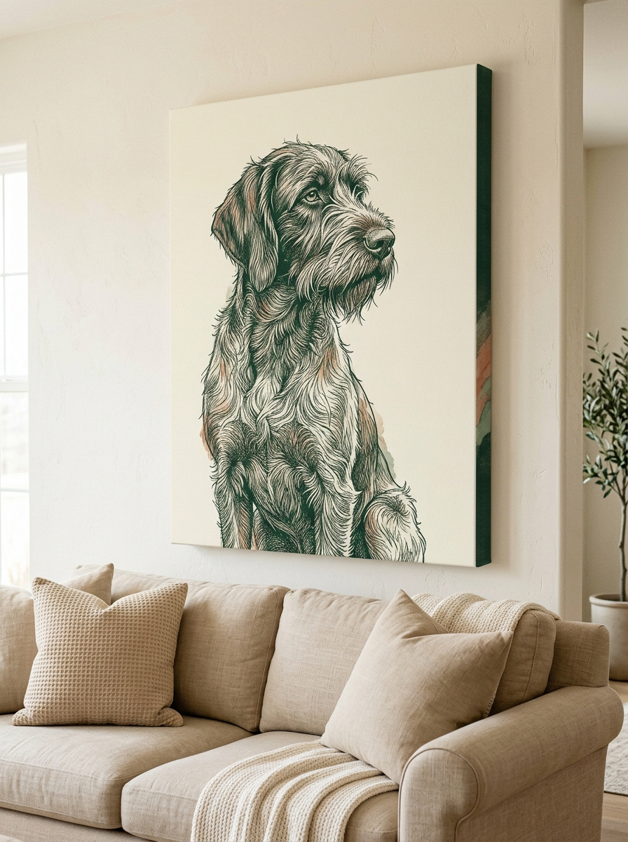 Grosse Leinwand mit Line-Art-Portrait ueber dem Sofa, Keilrahmen sichtbar