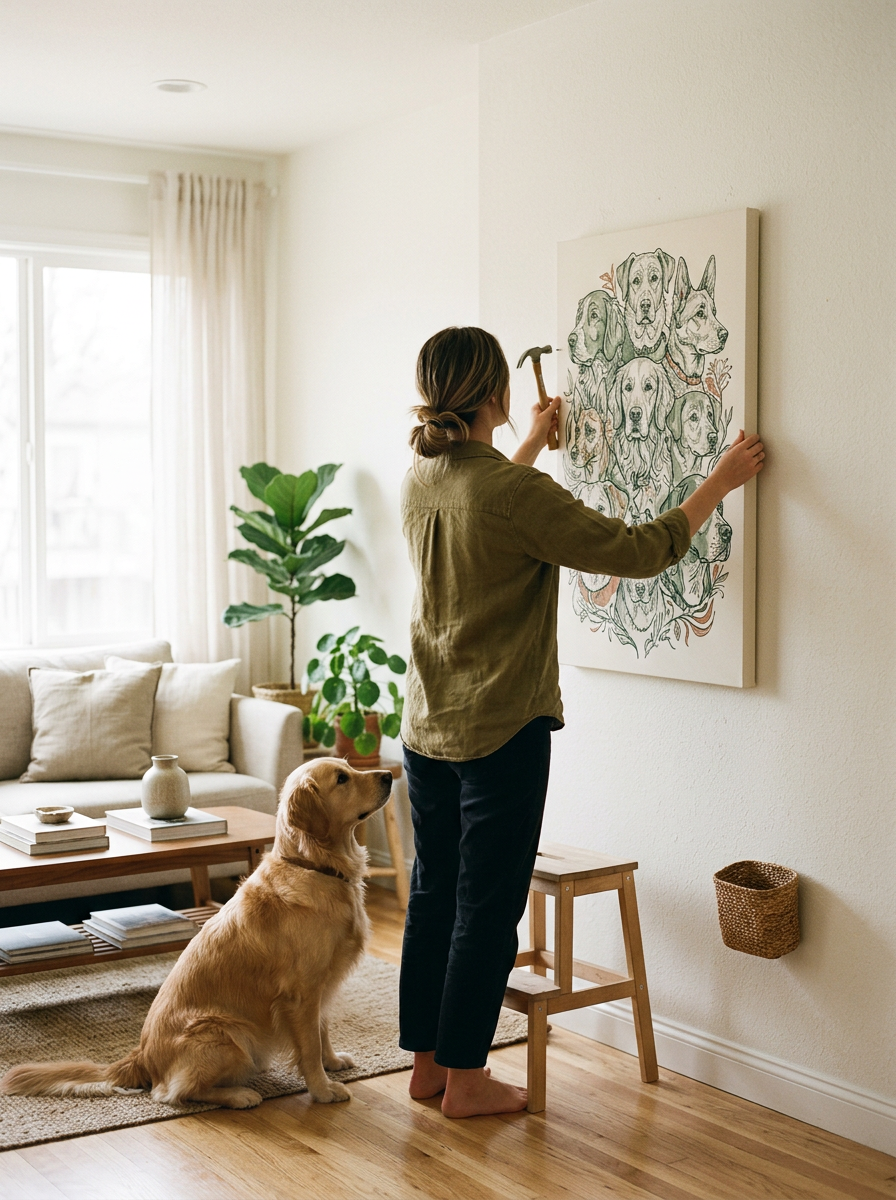 Frau haengt Leinwand mit Portrait auf, Hund schaut zu