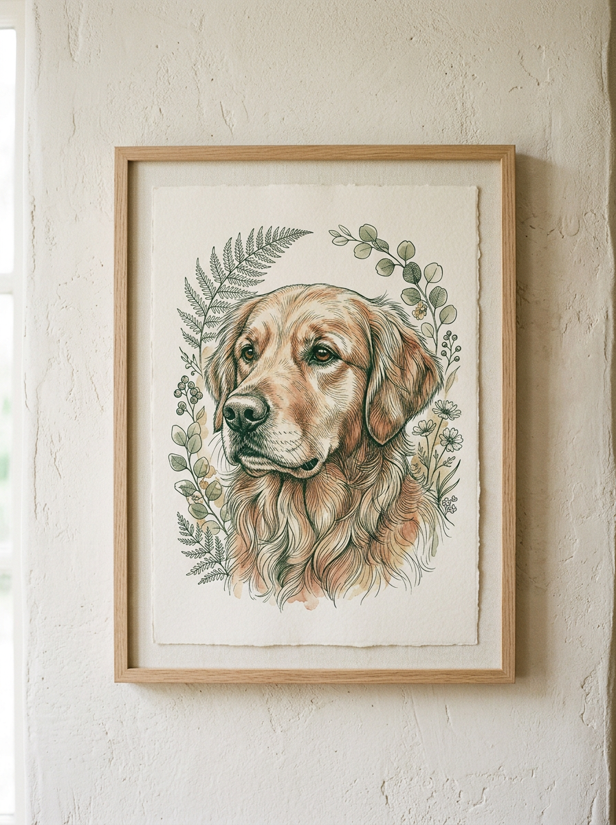 Gerahmtes Haustier-Portrait im Pawlino-Stil an einer hellen Wand