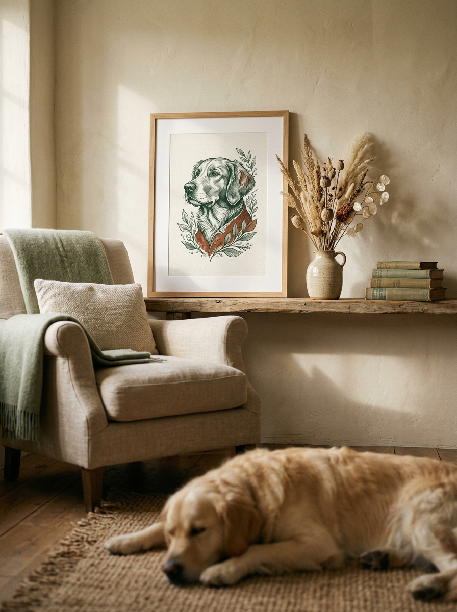 Gerahmtes Portrait auf einem Regal in einer Leseecke mit Hund