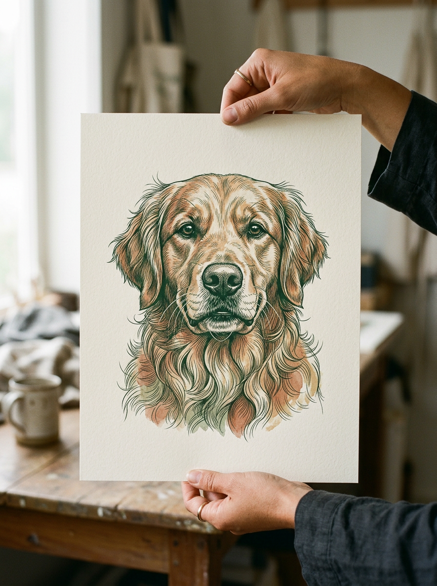 Haende halten den Premium-Kunstdruck mit geraden Kanten