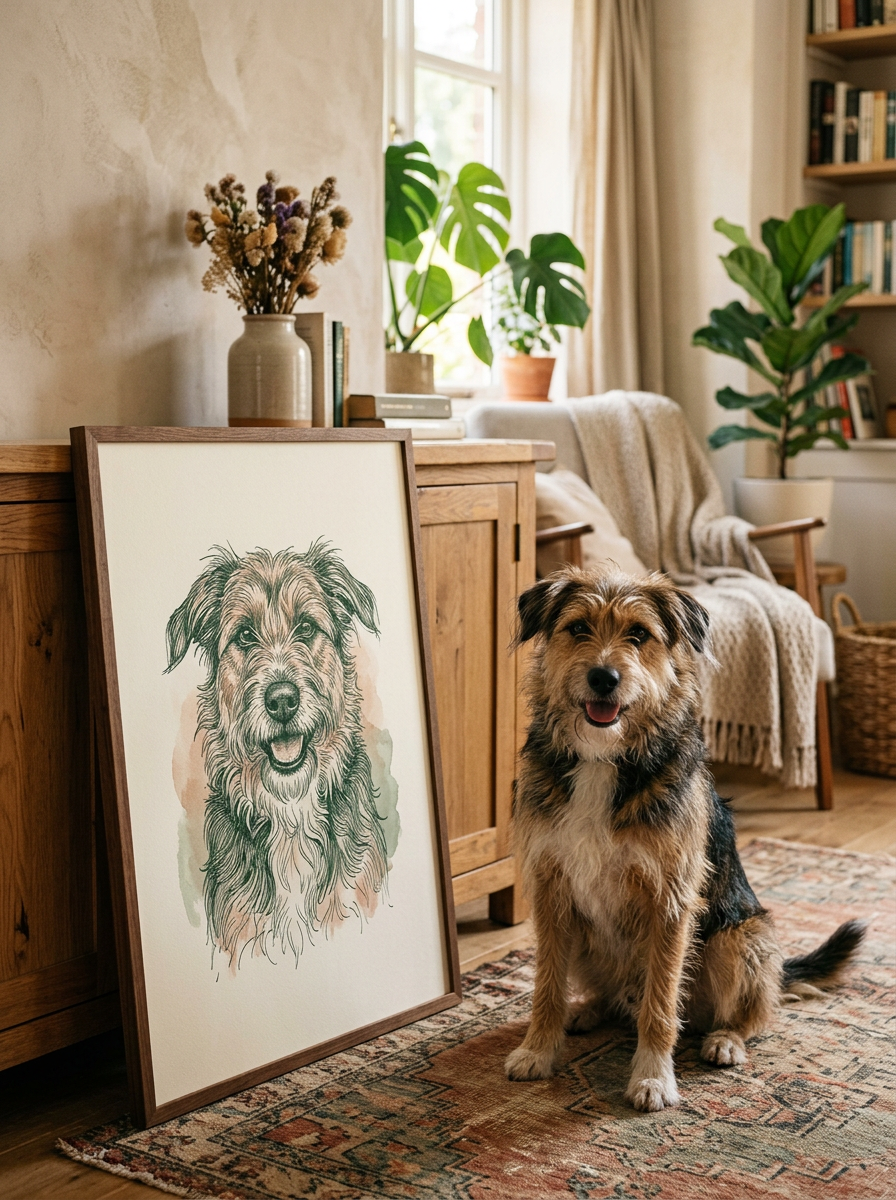 Hund sitzt neben seinem gerahmten Line-Art-Portrait im Wohnzimmer
