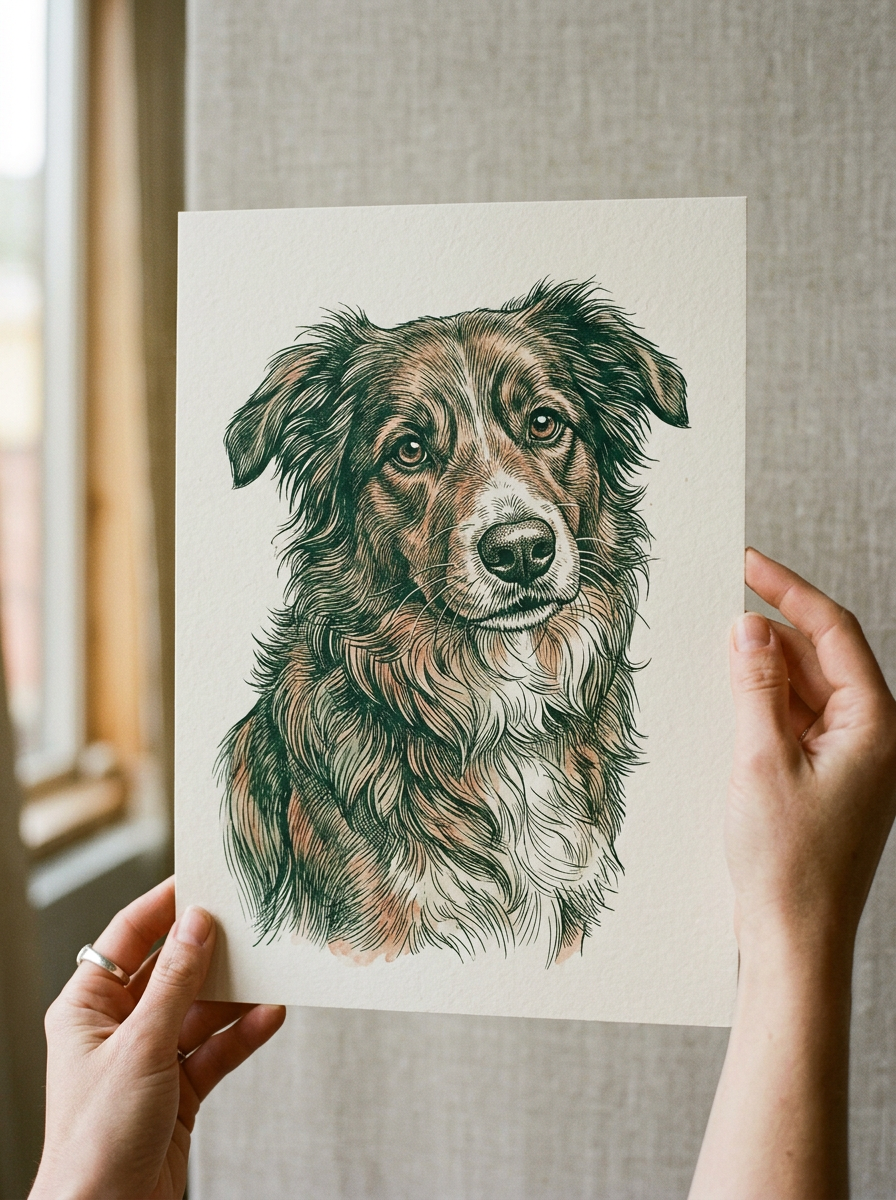 Haende halten den Kunstdruck eines Hundeportraits mit geradem Schnitt