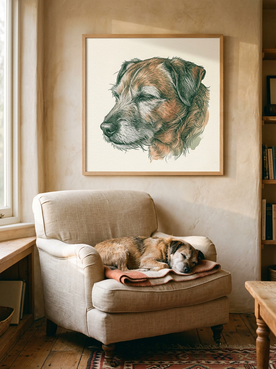 Gerahmtes Line-Art-Portrait ueber dem Sessel eines schlafenden Seniorhundes