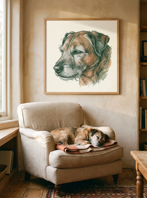 Gerahmtes Line-Art-Portrait ueber dem Sessel eines schlafenden Seniorhundes