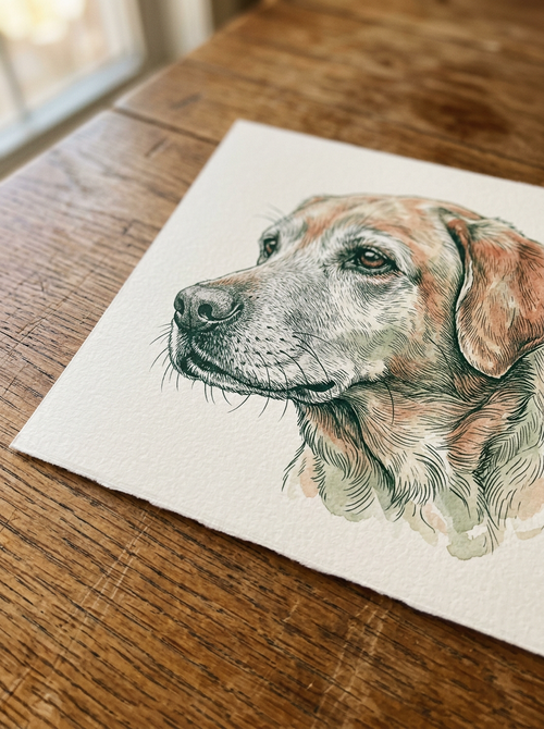 Nahaufnahme des Kunstdrucks eines Seniorhundes mit grauer Schnauze