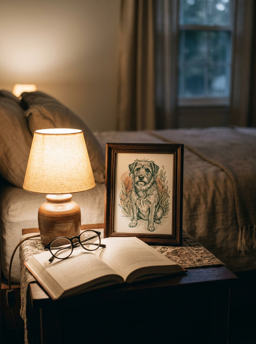 Kleines gerahmtes Portrait auf dem Nachttisch mit Lesebrille und Buch