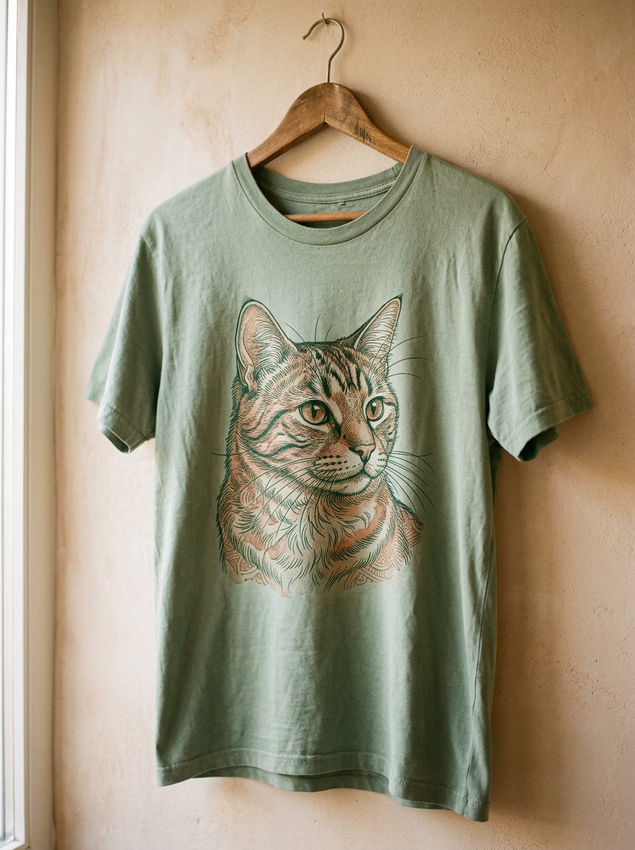 Salbeigruenes T-Shirt am Holzbuegel mit Katzenportrait