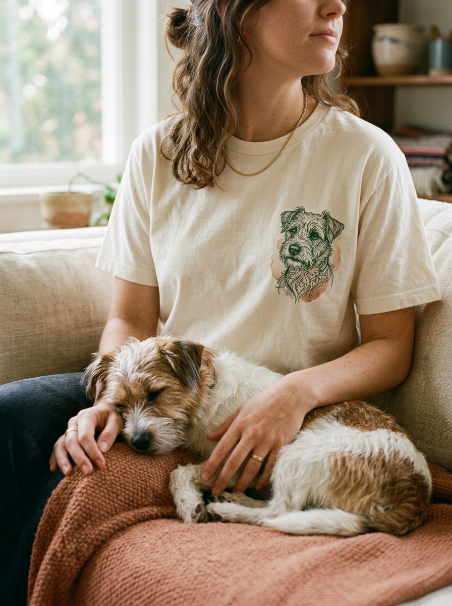 Person im T-Shirt mit Portrait-Print, kleiner Hund auf dem Schoss