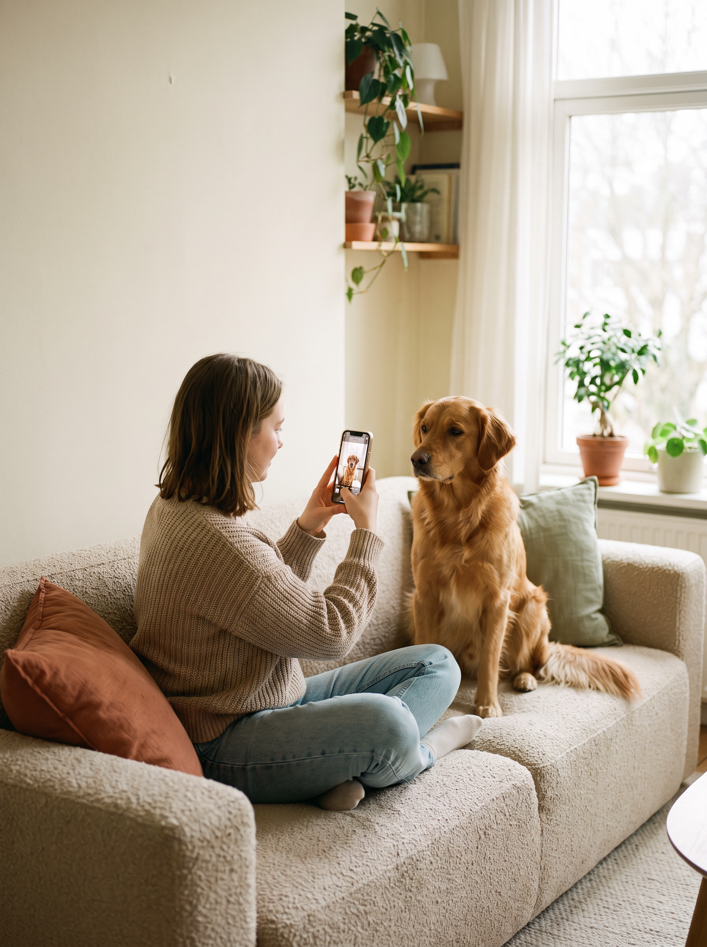 Frau fotografiert ihren Hund mit dem Smartphone auf dem Sofa