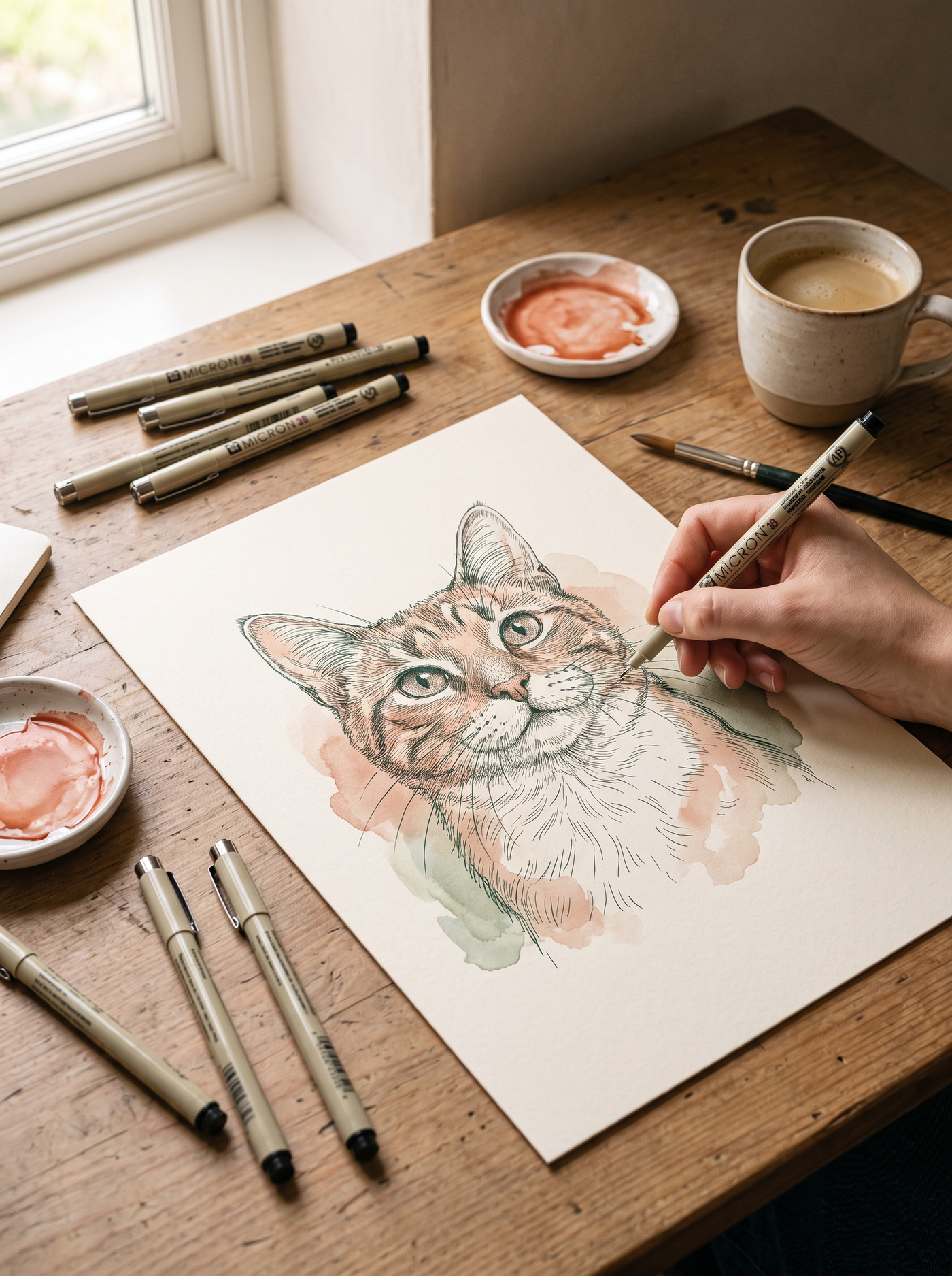 Hand zeichnet ein Line-Art-Katzenportrait am Schreibtisch