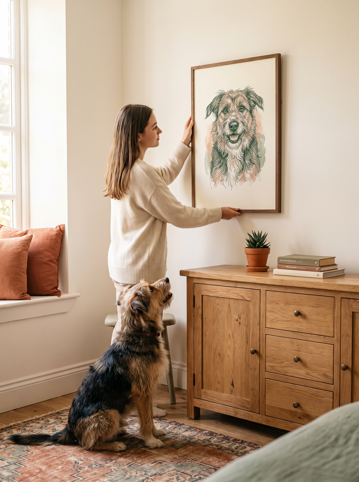Frau haengt gerahmtes Line-Art-Hundeportrait an die Wand, Hund schaut zu