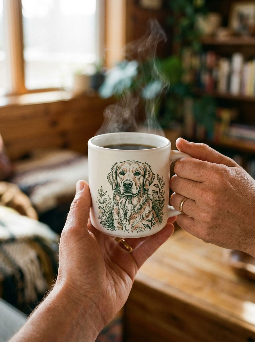 Haende halten eine weisse Tasse mit Line-Art-Hundeportrait