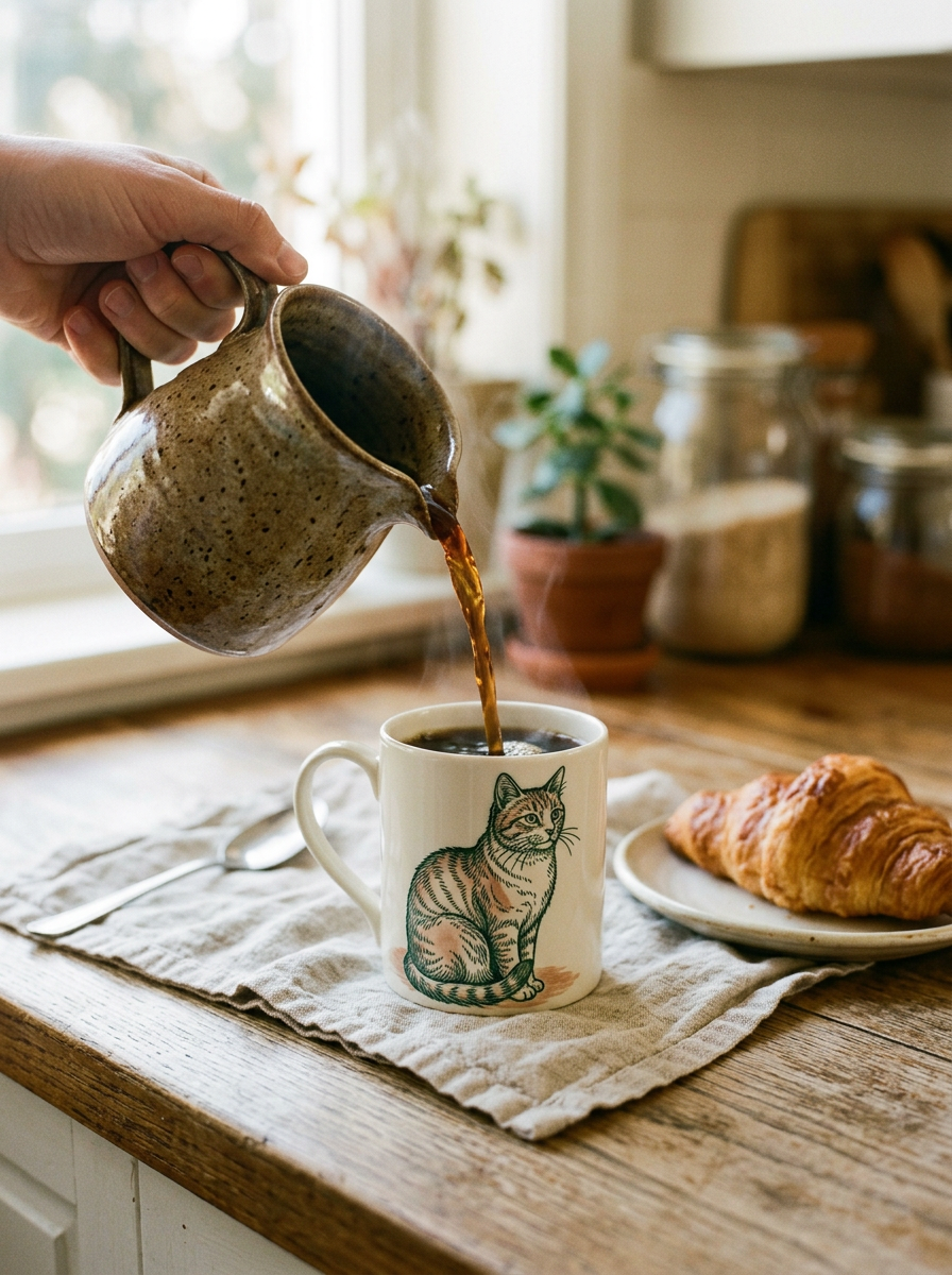 Kaffee wird in eine Tasse mit Katzenportrait eingegossen