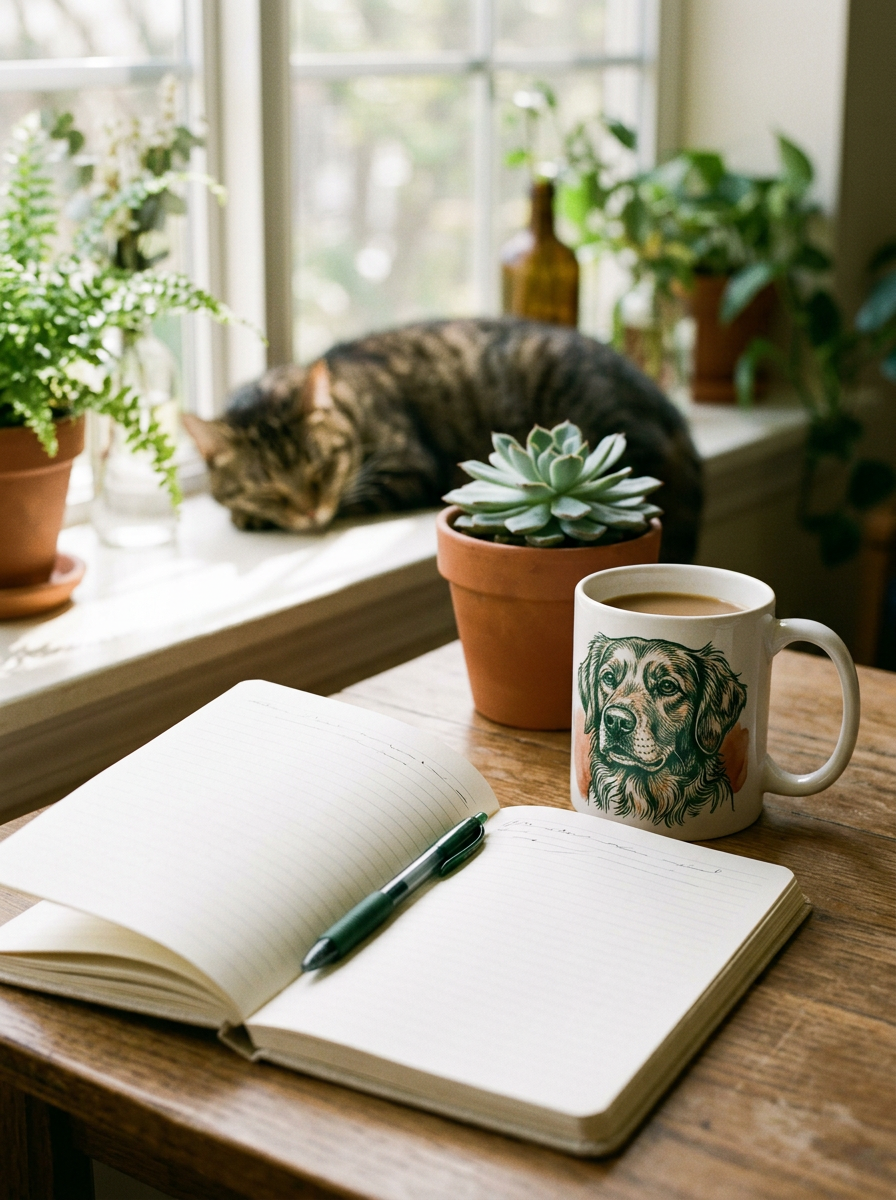Tasse mit Hundeportrait auf dem Schreibtisch, Katze im Hintergrund