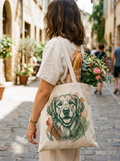 Person traegt Tote Bag mit Line-Art-Portrait, Blumen und Baguette darin