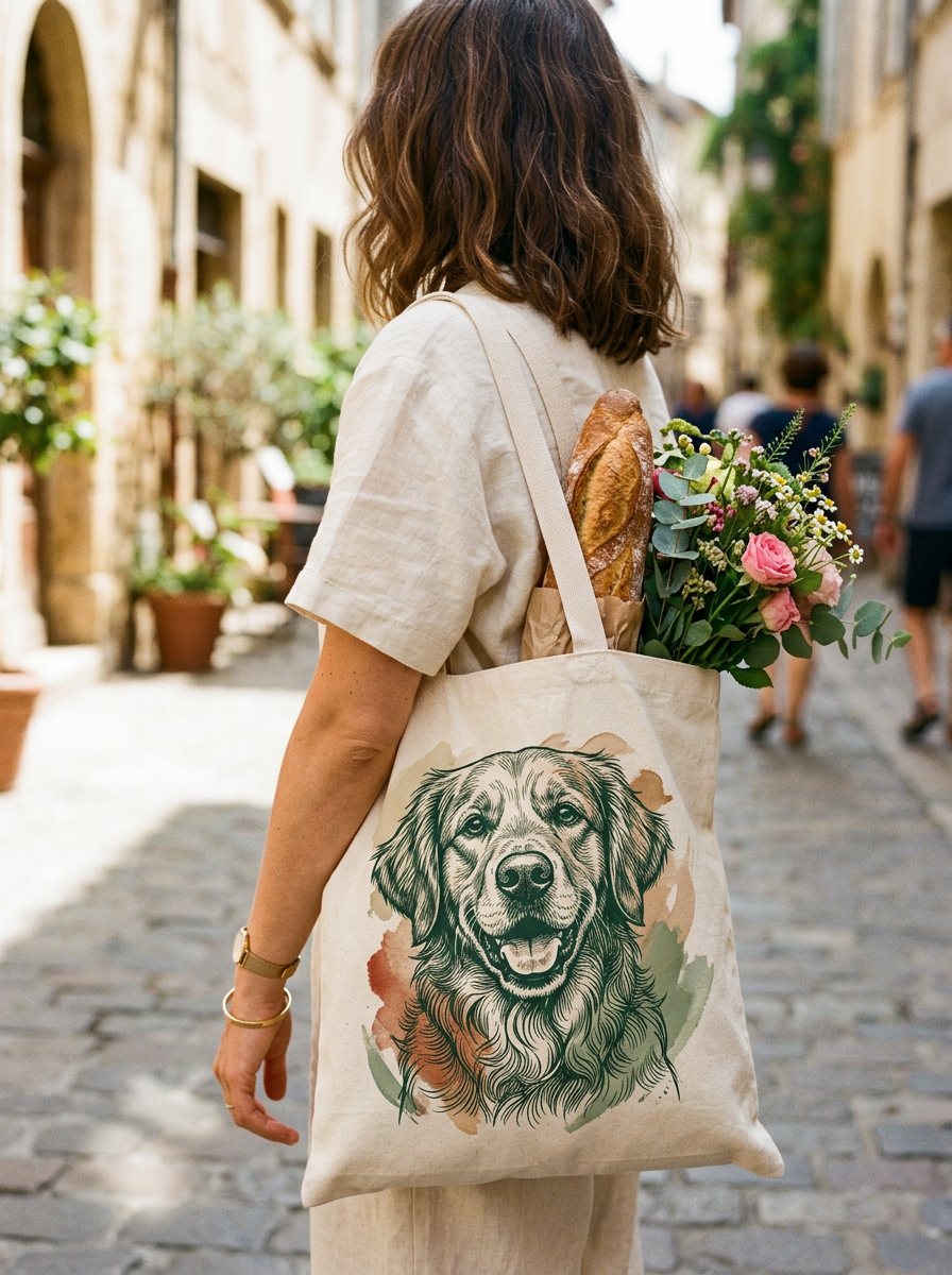 Person traegt Tote Bag mit Line-Art-Portrait, Blumen und Baguette darin
