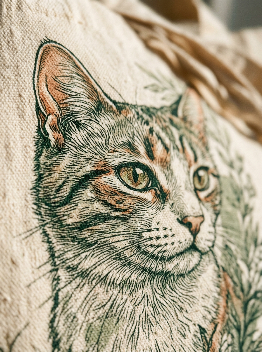 Nahaufnahme des Stoffgewebes der Tote Bag mit Katzenportrait