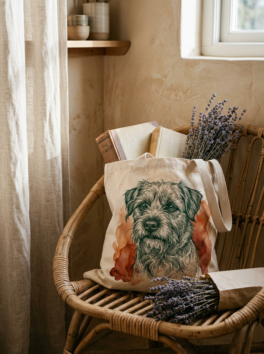 Tote Bag mit Hundeportrait auf einem Rattanstuhl mit Buch und Lavendel